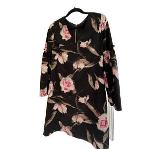 WHBM Black Pink Multi Color Floral Bell Sleeves Shift Dress